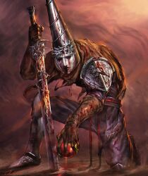 1boy armor blasphemous blood blood_on_clothes bloody_weapon brown_background brown_gloves brown_scarf commentary_request fantasy full_body gloves greaves helmet highres holding holding_sword holding_weapon jun_ishimaru looking_at_viewer mask on_one_knee pants pauldrons penitent_one planted planted_sword planted_weapon potion sabaton scarf shoulder_armor single_pauldron solo sword thorns warrior weapon