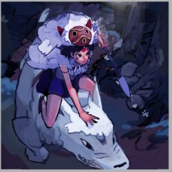 Rule 34 | 1girl, closed mouth, commentary, dress, earrings, english commentary, forest, full body, holding, holding weapon, jewelry, looking to the side, lv5plant, mask, mask on head, mononoke hime, moro no ichizoku, nature, outdoors, san (mononoke hime), short hair, sitting on animal, weapon, white wolf, wolf