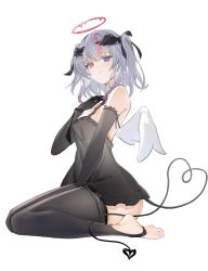 1girl absurdres bare_shoulders black_bow black_gloves black_nightgown black_thighhighs black_wings blue_eyes bow bright_pupils closed_mouth cross-shaped_pupils elbow_gloves feet flantia gloves hair_between_eyes hair_bow hair_ornament halo head_wings heart heart_tail highres looking_at_viewer medium_hair multicolored_eyes multicolored_hair nightgown no_shoes original pink_hair red_eyes red_hair red_halo seiza simple_background sitting sleeveless soles symbol-shaped_pupils tail thighhighs thighs toes transparent_background two-tone_eyes white_hair white_pupils white_wings wings