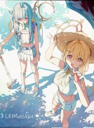 2girls ahoge amaui amaui_(2nd_costume) blonde_hair blue_hair blunt_bangs botan_(oacdrykafjf3g3d) breasts commentary_request full_body hair_intakes halo hammer hat highres hinata_mashu hinata_mashu_(2nd_costume) holding holding_hammer large_breasts long_hair looking_at_viewer medium_hair multiple_girls nanashi_inc. open_mouth orange_eyes orange_halo platform_sandals pleated_skirt purple_eyes raised_eyebrow sandals shirt shoes shorts skirt sleeveless sleeveless_shirt straw_hat sun_hat tupet twintails virtual_youtuber white_sandals white_shirt white_shoes white_shorts white_skirt