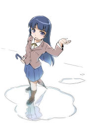 1girl black_hair gokou_ruri kubocha long_hair ore_no_imouto_ga_konna_ni_kawaii_wake_ga_nai panties pantyshot pantyshot_through_reflection puddle purple_eyes reflection school_uniform umbrella underwear upskirt