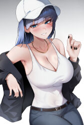 1girl :d alternate_costume baseball_cap black_hair black_jacket black_nails blue_eyes blue_hair blue_pants breasts cleavage colored_inner_hair commentary denim gradient_background grin hair_intakes hand_up hat highres hololive hololive_english jacket jewelry large_breasts lessone long_hair looking_at_viewer multicolored_hair nail_polish navel necklace off_shoulder open_clothes open_jacket open_mouth ouro_kronii paid_reward_available pants simple_background smile solo tank_top virtual_youtuber white_hat