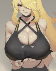 1girl bare_shoulders black_shirt blonde_hair breasts cleavage collarbone cynthia_(pokemon) eu03 eyebrows grey_eyes hair_over_one_eye huge_breasts long_hair looking_at_viewer nintendo pale_skin pokemon pokemon_dppt shirt smile solo torso upper_body very_long_hair