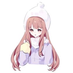 1girl beanie blunt_bangs coat cropped_torso dot_nose expressionless eyelashes fanfanjiadeayuanjiang hand_up hat highres light_blush long_hair long_sleeves nikki_(nikki) nikki_(series) nikki_up2u2:_world_traveller open_mouth pink_eyes pink_hair pom_pom_(clothes) pom_pom_beanie puffy_long_sleeves puffy_sleeves purple_coat scarf sidelocks simple_background sleeves_past_wrists solo very_long_hair white_background white_hat white_scarf winter_clothes