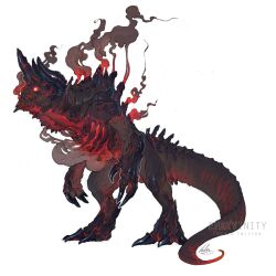 alternate_form animal_focus artist_name black_horns claws commentary deathclaw endivinity english_commentary fallout from_side full_body glowing glowing_eye highres horns monster no_humans original red_eyes signature simple_background smoke solo tail tusks watermark white_background