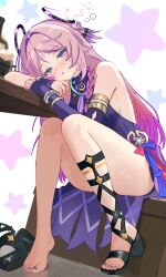 Rule 34 | 1girl, absurdres, barefoot, blue eyes, blush, citlali (genshin impact), feet, genshin impact, highres, long hair, looking at viewer, parted lips, pink hair, shoes, toes, unworn shoes, uroichi