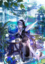 1girl angel_wings arch armchair binoculars black_dress black_shoes black_veil blue_eyes blue_flower blunt_bangs brooch building capelet chair chinese_commentary closed_mouth coif collared_capelet commentary_request day dress earrings eyelashes feathered_wings fish_skeleton flower full_body fuzichoco globe grass grey_hair high_collar high_heels highres jewelry light_blush long_dress moon_(ornament) nun on_chair original outdoors plant pool potted_plant shoe_loss shoes side_slit single_bare_leg sitting smile solo star_(symbol) star_brooch star_earrings tree veil water waterfall white_capelet white_wings window wings