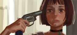 Rule 34 | 1girl, aiming up, black choker, bob cut, choker, finger on trigger, fujimoto tatsuki, gun, gun to head, handgun, highres, holding, holding gun, holding weapon, imminent suicide, leon the professional, mathilda lando, pendant choker, revolver, ruger sp101, tears, weapon