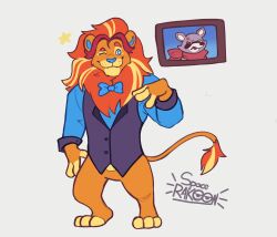 Rule 34 | 2boys, absurdres, anger vein, animal ears, artist name, blue bow, blue shirt, blue vest, bow, closed mouth, commentary, english commentary, highres, indigo park, lion boy, lion mane, lion tail, lloydford l. lion, looking at another, multiple boys, neckerchief, no pants, one eye closed, orange fur, purple fur, raccoon boy, raccoon ears, rambley the raccoon, red neckerchief, shirt, simple background, smile, spacerakoon, star (symbol), tail, vest