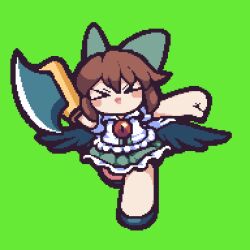 &gt;_&lt; 1girl :d animated animated_gif axe bird_wings black_wings blush bow brown_hair cape chibi collared_shirt commentary_request cookie_(touhou) frilled_skirt frills full_body green_background green_bow green_skirt hair_bow highres holding holding_axe long_hair looping_animation nadeko_(cookie) open_mouth pixel_art reiuji_utsuho running shirt simple_background skirt smile solo third_eye tonchamon_san touhou white_cape white_shirt wings xd