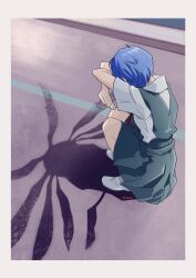 1girl arms_up ayanami_rei blue_hair cat_shadow_puppet_(meme) lilith_(ayanami_rei) meme mra-artworks neon_genesis_evangelion road school_uniform shadow short_hair simple_background skirt solo squatting street suspender_skirt suspenders thighhighs tokyo-3_middle_school_uniform