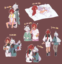 Rule 34 | 2girls, ?, absurdres, adjusting clothes, adjusting necktie, ahoge, asticassia school uniform, black hairband, brown background, brushing teeth, closed eyes, closed mouth, commentary, cropped legs, cup, drying, drying another&#039;s hair, drying hair, eye contact, green eyes, green jacket, green shirt, green shorts, grey eyes, gundam, gundam suisei no majo, hair dryer, hairband, hand on another&#039;s back, highres, holding, holding cup, holding hair dryer, holding hands, holding toothbrush, jacket, joker (jjjokerrr233), long hair, long sleeves, looking at another, miorine rembran, morning, multiple girls, necktie, pajamas, parted lips, pillow, pink shorts, ponytail, red hair, red necktie, school uniform, shirt, shorts, simple background, sitting, sleeping, sleepy, smile, spilling, suletta mercury, thick eyebrows, toothbrush, toothpaste, towel, towel around neck, under covers, waking up, white hair, white jacket, white shirt, white shorts, yellow necktie, yuri