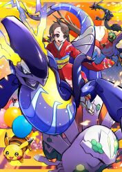 1girl :d ahoge alternate_color alternate_costume ayo_(ayosanri009) balloon brown_eyes brown_hair capsakid commentary_request creatures_(company) game_freak gen_1_pokemon gen_3_pokemon gen_6_pokemon highres japanese_clothes juliana_(pokemon) kimono legendary_pokemon miraidon nintendo open_mouth pikachu pokemon pokemon_(creature) pokemon_sv rayquaza red_kimono riding riding_pokemon sandals sash shiny_pokemon signature smile socks talonflame teeth upper_teeth_only white_socks yellow_sash zygarde