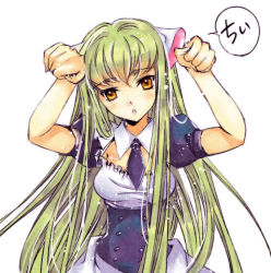 1girl blush c.c. chii chobits code_geass cosplay female_focus green_hair long_hair meimi_k parody persocom robot_ears solo yellow_eyes