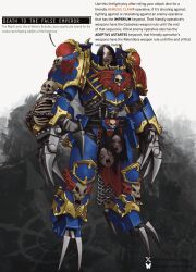 1girl absurdres adeptus_astartes ahegao armor artist_name black_hair blue_armor chaos_space_marine claws disembodied_head english_text full_body genderswap genderswap_(mtf) grin highres looking_at_viewer night_lords nnnmengmeng pale_skin power_armor red_eyes skull skull_ornament smile solo_focus standing twitter_username warhammer_40k