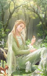 1boy aloysius_(shining_nikki) artist_request belt blonde_hair blue_belt bug butterfly cape closed_mouth daisy_(flower) day ear_piercing earrings elf eyelashes feet_out_of_frame flower food forest fruit game_cg green_cape green_eyes green_robe green_shirt hair_flowing_over happy head_tilt head_wreath highres holding holding_food holding_fruit insect jewelry light_particles light_rays lips long_hair long_sidelocks long_sleeves male_focus multiple_piercings nature nikki_(series) official_art on_log outdoors petting piercing plant pointy_ears rabbit rainbow robe shadow shining_nikki shirt sidelocks sitting smile solo squirrel straight_hair strawberry sunlight very_long_hair vines white_butterfly white_flower