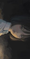 1girl blue_bow blue_bowtie blue_eyes bob_cut bow bowtie brown_hair closed_mouth collared_shirt commentary_request dark_background highres looking_at_viewer original portrait shirt short_hair sidelighting sideways solo white_shirt wispy_bangs yudouhu_(yudouhu_yu_102)