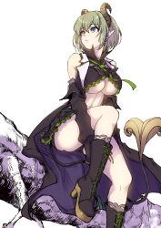 1girl absurdres bare_shoulders black_boots black_shirt black_skirt black_sleeves blue_eyes boots branch breasts brown_horns closed_mouth clothing_cutout colored_shoe_soles crop_top curled_horns demon_girl demon_horns demon_tail detached_sleeves expressionless foot_out_of_frame green_hair green_necktie hashtag-only_commentary heterochromia high_heel_boots high_heels highres horns jyaco large_breasts log long_sleeves looking_afar looking_to_the_side miniskirt monochrome_background nanashi_inc. navel necktie pointy_ears sekishiro_mico sekishiro_mico_(1st_costume) shirt short_hair sitting sitting_on_branch skirt sleeveless sleeveless_shirt solo tail tree underboob underboob_cutout virtual_youtuber white_background yellow_eyes
