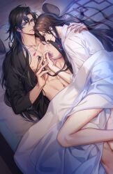 Rule 34 | 2boys, abs, absurdres, artist name, bare pectorals, bite mark, bite mark on neck, bite mark on thigh, black hair, black hanfu, brown hair, chinese clothes, chu wanning, closed eyes, closed mouth, collarbone, erha he ta de bai mao shizun, futon, hair down, hand on another&#039;s back, hand on another&#039;s chest, hanfu, head on pillow, hickey, highres, holding another&#039;s hair, jewelry, korean commentary, lattice, long hair, long sleeves, looking at another, lying, male focus, mo ran, multiple boys, necklace, nipples, no pants, on back, on side, open clothes, pectorals, pendant, pillow, scar, scar on chest, smile, toned, toned male, under covers, white hanfu, wide sleeves, window shadow, yaoi, zehel az