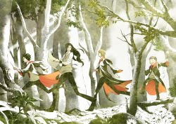 4boys black_hair brown_hair forest glasses harry_potter_(series) james_potter male_focus multiple_boys mushroom nature peter_pettigrew remus_lupin robe running school_uniform sirius_black tree wand wizarding_world