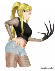 Rule 34 | 1girl, blonde hair, blue eyes, cutoffs, earrings, female focus, fishnet pantyhose, fishnet top, fishnets, fullmetal alchemist, highres, jewelry, katzueki, long hair, lust (fma), navel, pantyhose, ponytail, possessed, short shorts, shorts, signature, solo, tank top, tattoo, winry rockbell
