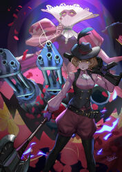 1girl 1other artist_request axe belt black_thighhighs breasts brown_hair curly_hair falling_petals fancy gatling_gun gun hat hat_feather highres holding holding_weapon machine_gun medium_breasts milady_(persona) okumura_haru persona petals shorts tagme thighhighs vest weapon yellow_eyes