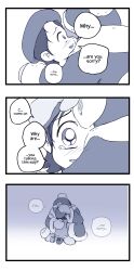 1boy 1girl 3koma absurdres adeleine apologizing beret blush comforting comic confused crying crying_with_eyes_open desultorynovice english_text fur-trimmed_jacket fur_trim hat highres hug jacket king_dedede kirby&#039;s_dream_land_2 kirby:_star_allies kirby_(series) kirby_64 mittens monochrome nintendo shoes tearing_up tears