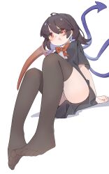 1girl absurdres ahoge asymmetrical_wings black_dress black_hair black_thighhighs blue_wings bow bowtie center_frills dress feet frills full_body gumingdi_ban highres houjuu_nue looking_at_viewer multicolored_wings no_shoes open_mouth panties red_bow red_bowtie red_eyes red_wings short_dress short_hair short_sleeves simple_background sitting solo thighhighs touhou underwear white_background white_panties wings