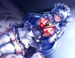 1girl alternate_costume apron between_breasts black_dress blue_eyes blue_hair blush bow breasts breasts_out brooch candy chocolate chocolate_heart closed_mouth dress elbow_gloves enmaided exs-tia food food_between_breasts frilled_dress frills gloves hair_intakes heart highres holding holding_ribbon jewelry katsuragi_marina kouyoku_senki_exs-tia kozu_rokuta large_breasts long_hair looking_at_viewer maid maid_headdress nipples puffy_sleeves red_bow red_ribbon ribbon shiny_skin short_dress sitting smile solo thighhighs valentine white_apron white_gloves white_thighhighs zettai_ryouiki