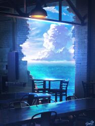 absurdres blue_sky brick_wall chair cloud commentary_request cumulonimbus_cloud day hanging_light highres no_humans ocean original scenery signature sky smile_(qd4nsvik) table water