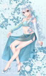 1boy absurdres androgynous anklet aqua_eyes aqua_sarong arm_support bandeau bare_shoulders bead_anklet bead_belt beads blue_background blue_bandeau blue_bow blue_nails blue_shoes blue_sleeves blue_theme bow bracelet clothes_lift collarbone commentary_request curly_hair detached_sleeves dragon_quest dragon_quest_x flower hero&#039;s_sibling_(dq10) high_heels highres invisible_chair jewelry kuro11_222 linea_alba long_hair looking_at_viewer looking_to_the_side low_ponytail male_focus midriff navel necklace pectoral_cleavage pectorals ponytail rose sarong sarong_lift see-through_clothes see-through_sarong shoes sitting smile solo thong trap white_hair white_trim