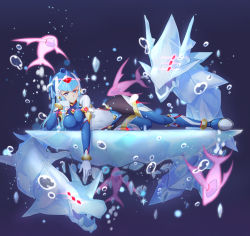 1girl adapted_costume android blue_eyes blue_footwear blue_headwear bodysuit breasts bubble capcom head_rest covered_navel dragon elbow_gloves female_focus full_body gloves helmet hip_focus ice ice_dragon large_breasts fairy_leviathan_(mega_man) lying nichts_(nil) on_side red_eyes mega_man_(series) mega_man_zero_(series) smile solo thighhighs water