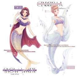 1girl 2girls black_hair blonde_hair blue_eyes bow choker cinderella_(disney_character) cinderella_(disney_movie) dress elbow_gloves gloves hair_bun hairband highres looking_at_viewer mermaid mizala monster_girl multiple_girls puffy_sleeves short_hair short_sleeves smile snow_white_(disney) snow_white_and_the_seven_dwarfs_(disney)