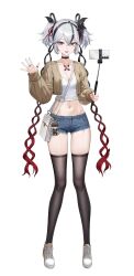 1girl absurdres alternate_costume belt_collar black_thighhighs blake_bloom_(wuthering_waves) breasts camellya_(wuthering_waves) casual cellphone cleavage collar cropped_jacket cross-laced_shoes cryturtle denim denim_shorts duplicate full_body grey_hair hand_up highres holding looking_at_viewer missing_commentary navel parted_lips phone shirt shoes shorts simple_background smartphone smile sneakers solo standing stomach thighhighs two_side_up white_background white_shirt wuthering_waves