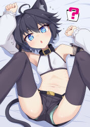 1girl ? ahoge animal_ears aqua_panties arm_up bare_shoulders bed_sheet belt_collar black_hair black_shorts black_thighhighs blue_eyes blush borrowed_character cat_ears cat_tail chestnut_mouth collar commentary_request crop_top detached_sleeves hand_up highres legs_up looking_at_viewer lying midriff navel ogami_kazuki on_back on_bed original panties panty_peek parted_lips short_hair short_shorts shorts solo spoken_question_mark spread_legs stomach tail thighhighs underwear variant_set