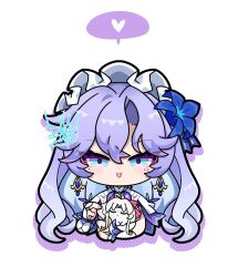 1girl :p animalization blue_eyes blue_flower bow cantarella_(wuthering_waves) carlotta_(wuthering_waves) chibi chibi_only commentary dog-san earrings flower hair_between_eyes hair_flower hair_ornament headdress heart highres holding jewelry long_hair looking_at_viewer pink_bow purple_hair simple_background solo spoken_heart straight-on striped_bow symbol-only_commentary tacet_mark_(wuthering_waves) tongue tongue_out white_background wuthering_waves