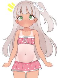1girl bikini bikini_skirt blush bow bow_bikini collarbone flat_chest green_eyes grey_hair hair_ribbon highres kantai_collection loli long_hair looking_at_viewer maestrale_(kancolle) maestrale_kai_(swimsuit)_(kancolle) matsu_(pixiv_115467950) navel one-piece_tan pink_bikini polka_dot polka_dot_bikini polka_dot_ribbon ponytail ribbon side_ponytail smile standing swimsuit tan tanline white_background white_bow white_ribbon