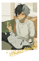 1boy absurdres adou_(mutato) arm_support bandaid bandaid_on_face black_eyes black_hair black_pants border cat character_name character_signature chinese_commentary commentary_request cushion grey_hair half-closed_eye heterochromia highres indoors lap_pillow looking_at_viewer lying lying_on_person male_focus multicolored_hair on_back one_eye_closed pants parted_lips pawpads pet polaroid_photo sakura_haruka_(wind_breaker) shirt short_hair short_sleeves sitting solo split-color_hair sweatdrop t-shirt tuxedo_cat two-tone_hair very_short_hair white_border white_shirt wind_breaker_(nii_satoru) yellow_eyes