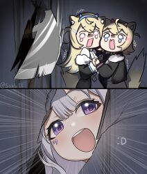 3girls :d absurdres animal_ear_fluff animal_ears artist_name axe blonde_hair blue_eyes blue_hair breaking broken_door collar commentary dog_ears dog_girl emphasis_lines fur_trim fuwawa_abyssgard fuwawa_abyssgard_(1st_costume) grey_hair hair_ornament here&#039;s_johnny!_(meme) highres hole_in_wall hololive hololive_english jacket koseki_bijou long_hair meme mococo_abyssgard mococo_abyssgard_(1st_costume) multicolored_hair multiple_girls open_mouth parody pink_eyes pink_hair purple_eyes scared scene_reference short_hair siblings sisters smile sobbi11 streaked_hair teeth the_shining twins twitter_username two-tone_hair upper_teeth_only virtual_youtuber weapon white_hair yellow_eyes
