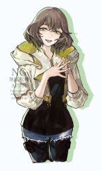Rule 34 | 1girl, black pantyhose, blue shorts, brown hair, cowboy shot, cropped jacket, cropped legs, denim, denim shorts, final fantasy, final fantasy xiv, green eyes, highres, hood, hood down, hooded jacket, jacket, looking at viewer, open mouth, own hands together, pantyhose, short hair, short shorts, shorts, smile, solo, sphene (ff14), standing, steepled fingers, watermark, white background, white jacket, yum0811