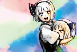 Rule 34 | &gt; &lt;, 1girl, black hairband, black ribbon, blue eyes, green skirt, grey hair, hairband, heterochromia, highres, holding, konpaku youmu, looking at viewer, mitudomoe, puffy sleeves, red eyes, ribbon, shirt, short hair, skirt, smile, solo, touhou, white shirt, yukkuri shiteitte ne, yukkuri youmu to hontou wa kowai cthulhu shinwa