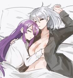 2girls bite_mark bite_mark_on_breast bite_mark_on_neck black_shirt breasts closed_eyes collared_shirt commentary cuddling english_commentary grey_hair hair_down highres jonyeld large_breasts long_hair long_sleeves medium_hair melty_blood multiple_girls open_clothes open_shirt parted_lips pillow purple_hair riesbyfe_stridberg shirt sion_eltnam_(type-moon) sion_eltnam_atlasia sleeping tsukihime under_covers white_shirt yuri