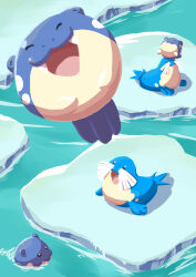 Rule 34 | :3, absurdres, animal focus, closed eyes, closed mouth, fangs, gen 3 pokemon, highres, ice, ice floe, kareha p, nintendo, no humans, on head, open mouth, pokemon, pokemon (creature), pokemon focus, pokemon on head, sealeo, smile, spheal, swimming, water