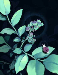 Rule 34 | absurdres, animal, berry, dark, high contrast, highres, koobiie, leaf, no humans, original, plant, plant focus, snail
