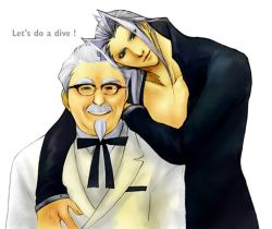 1990s_(style) 2boys beard bow bowtie colonel_sanders crossover english_text facial_hair final_fantasy final_fantasy_vii formal_clothes friends glasses green_eyes grey_hair kfc long_hair male_focus multiple_boys mustache onsoku_onomatope_joe retro_artstyle sephiroth shirt suit what yaoi
