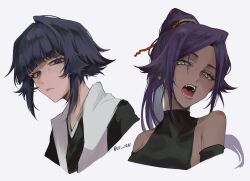 2girls bare_shoulders black_eyes black_hair black_kimono black_leotard black_sleeves bleach bleach:_sennen_kessen-hen blunt_bangs breasts closed_mouth collarbone commentary_request cropped_torso detached_sleeves fangs hair_flaps haori heattech_leotard high_ponytail highres japanese_clothes kimono leotard long_hair long_sidelocks looking_at_viewer multiple_girls open_mouth ponytail purple_eyes red_ribbon ribbon shihakusho shihouin_yoruichi shinigami short_hair sideboob sidelocks simple_background sleeveless_turtleneck_leotard sui-feng taichou_haori tongue twitter_username ui_1231 white_haori yellow_eyes