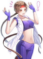 1girl braid braided_ponytail breasts brown_eyes brown_hair dougi female_focus gloves hairband huge_breasts karate_gi large_breasts leather leggings long_hair ma0hphm8y9r4r43 open_clothes open_mouth pale_skin pants ponytail shirt standing the_king_of_fighters undressing yoga_pants yuri_sakazaki