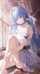 Rule 34 | 1girl, absurdres, adjusting footwear, alternate costume, an0 09, bare legs, bare shoulders, black choker, blue eyes, breasts, choker, cleavage, collarbone, commentary, dress, earrings, from side, halo, head wings, highres, honkai: star rail, honkai (series), indoors, jewel under eye, jewelry, legs, long hair, looking at viewer, medium breasts, off-shoulder dress, off shoulder, parted lips, pink shoes, purple dress, purple hair, robin (honkai: star rail), shoes, sitting, smile, solo, very long hair, wings