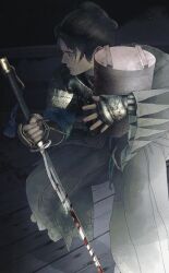 1boy black_hair blood bloody_weapon closed_mouth fingerless_gloves gauntlets gloves hakama hakama_pants highres holding holding_sword holding_weapon japanese_clothes male_focus pants rise_of_the_ronin saitou_hajime_(rise_of_the_ronin) short_hair sideburns solo sword weapon wide_sleeves wooden_floor yorunue_ro