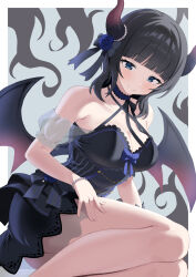 1girl absurdres armpit_crease asaka_karin bare_legs bare_shoulders black_dress black_hair black_horns blue_background blue_eyes blunt_bangs border breasts cleavage collarbone commentary criss-cross_halter demon_girl demon_horns demon_tail demon_wings dress feet_out_of_frame gradient_horns halter_dress halterneck highres horns large_breasts love_live! love_live!_nijigasaki_high_school_idol_club medium_hair multicolored_horns official_alternate_costume outside_border red_horns short_dress sidelocks sleeveless sleeveless_dress smile solo tail white_border wings yuu_(shampoohatslime)